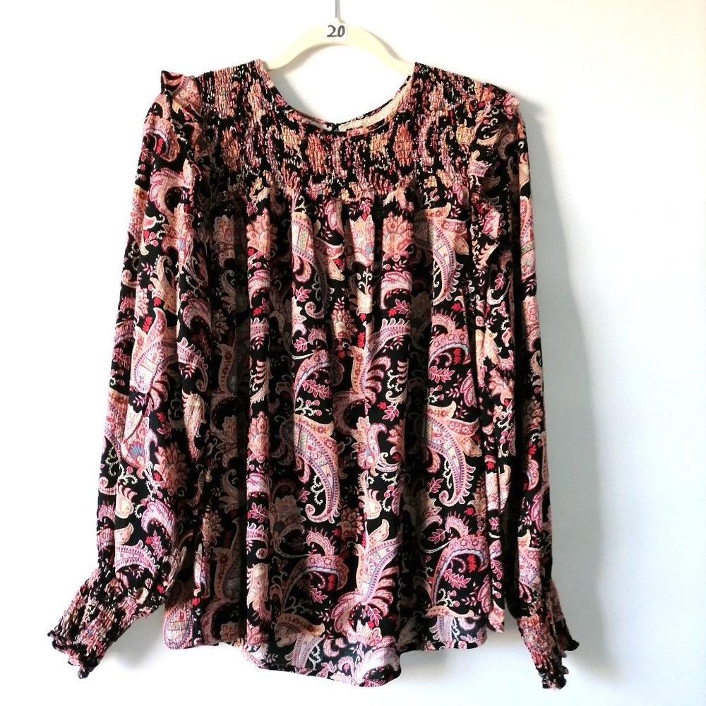 Knox Rose Womens Multicolor Balloon Sleeve Smocked Paisley Blouse Top Size XL